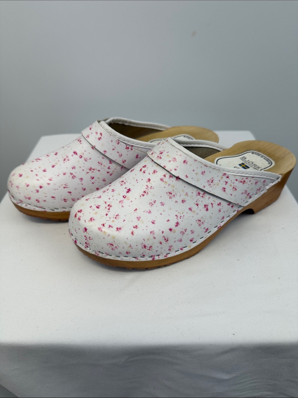 Bjork Lilly Floral Leather Wood Open Back Swedish Clogs EU 39 US 8.5